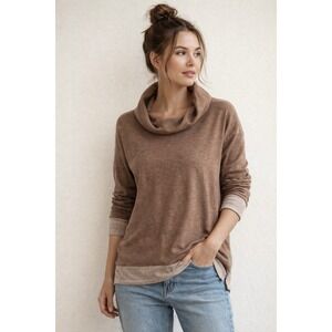Green Envelope Brown Cowl Neck Long Sleeve Top Made USA Y2K‎ Minimalist L